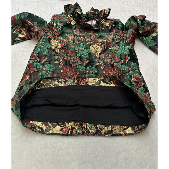 Shop the Mint Metallic Floral Holiday Top Bow Tie Neck Blouse Green Red Small - Picture 12 of 14